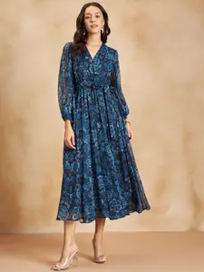 Femella Floral Printed Puff Sleeves A-Line Maxi Dress