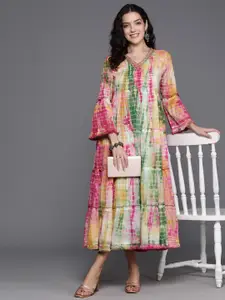 Indo Era Tie and Dyed Bell Sleeve A-Line Cotton Midi Dress