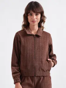 ELLE Self Design Shirt Collar Front-Open Sweatshirt