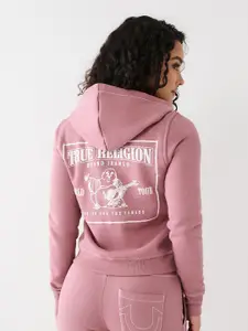 True Religion Typography Printed Hooded Front Open Sweatshirt