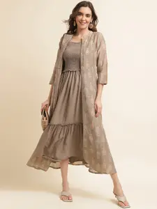 Sangria Shoulder Straps Smocked Cotton A Line Midi Dress With Shrug