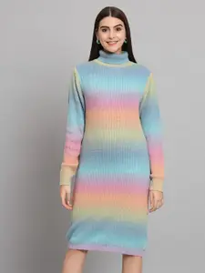 The Dry State Blue Ombre Dyed Turtle Neck Sheath Sweater Dress