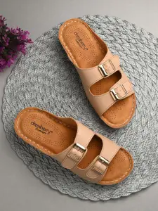 DressBerry Beige Buckle Detail Open Toe Flats