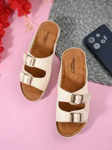 DressBerry Cream-Coloured Buckle Detail Open Toe Flats