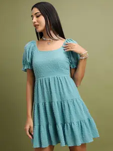 Tokyo Talkies Sea Green Self Design Puff Sleeve Fit & Flare Dress
