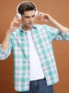HIGHLANDER White & Green Slim Fit Tartan Checked Spread Collar Casual Shirt