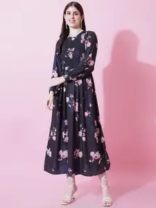 IX IMPRESSION Floral Printed Cuffed Sleeves Smocked A-Line Midi Dress