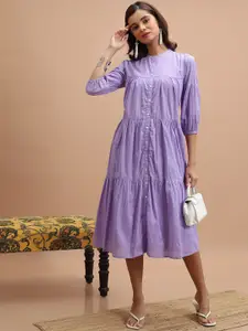 Vishudh Puff Sleeve Cotton A-Line Midi Dress