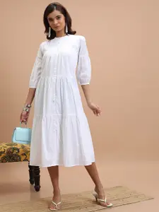 Vishudh White Self Design Band Collar Gathered Detailed Tiered Cotton A-Line Midi Dress