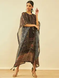 Soch Black Ethnic Motifs Print Sequinned Georgette Kaftan Maxi Ethnic Dress & Inner Slip