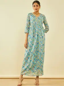 Soch Blue Floral Printed V-Neck Gathered Detailed Cotton Empire Midi Ethnic Dress