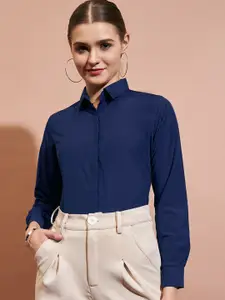DressBerry Navy Blue Slim Fit Spread Collar Formal Shirt