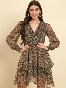 Trend Arrest Animal Printed V-Neck Cuffed Sleeves Layered Fit & Flare Dress