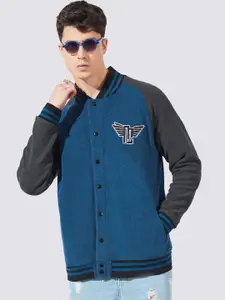 Maniac Mandarin Collar Colourblocked Loopnet Slim Fit Cotton Bomber Jacket