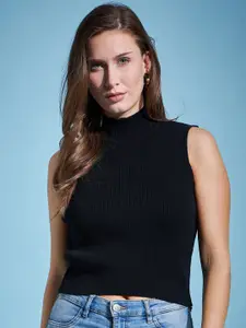 98 Degree North Ribbed Turtle Neck Sleeveless Crop Cotton Pullover Sweater