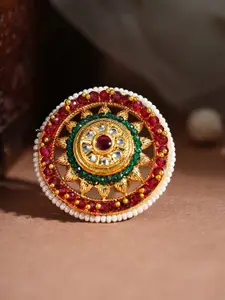 Rubans Gold-Plated Kundan-Studded & Pearls Beaded Finger Ring