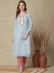 FASHOR Blue & Pink Floral Embroidered Straight Kurta With Dupatta