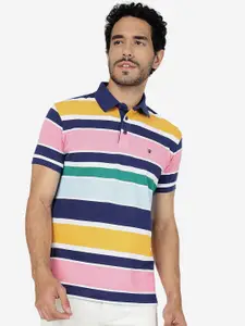 JADE BLUE Striped Polo Collar Pure Cotton Slim Fit T-shirt