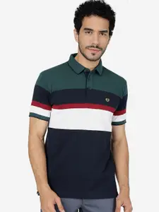 JADE BLUE Striped Polo Collar Pure Cotton Slim Fit T-shirt