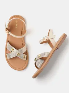 R&B Girls Embellished Cross Strap Open Toe Flats With Buckle Closure