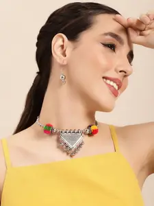 Sangria Silver-Plated Oxidised Necklace with Earrings