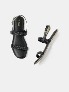 R&B Braided Open Toe Flats With Buckle Closure