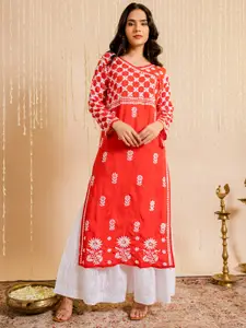 HOUSE OF KARI Ethnic Motifs Embroidered Angrakha Thread Work Cotton Kurta