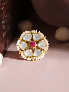 Rubans 22K Gold Plated Kundan Studded Pearl Beaded Floral Motif Adjustable Finger Ring