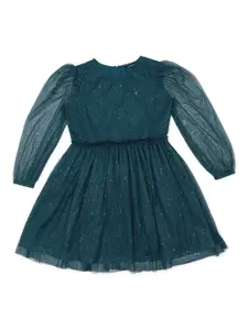 Allen Solly Junior Girls Embellished Puff Sleeved Pure Cotton Fit & Flare Dress