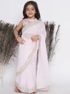 Little Bansi Girls Embroidered Border Pure Cotton Ready to Wear Saree With Blouse
