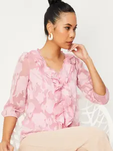 max Pink Floral Printed Puff Sleeves Top