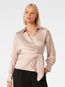 Forever New Shirt Collar Cuffed Sleeves Satin Wrap Top