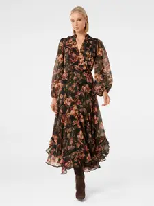 Forever New Floral Printed Mandarin Collar Puff Sleeves Ruffles Fit & Flare Midi Dress