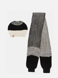 Bharatasya Men Self Design Acrylic Beanie & Patterened Scarf