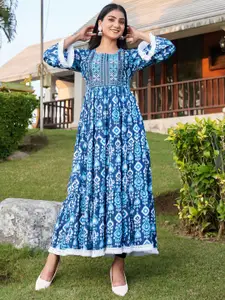Indo Era Ethnic Motifs Printed Embroidered Mirror Work Maxi Fit & Flare Ethnic Dress
