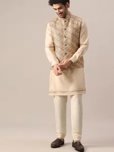 KALKI Fashion Mandarin Collar Regular Straight Kurta & Pyjamas With Nehru jacket