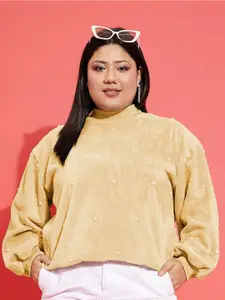 SASSAFRAS Curve Plus Size Embellished High Neck Long Sleeve Fleece Pullover Sweatshirt