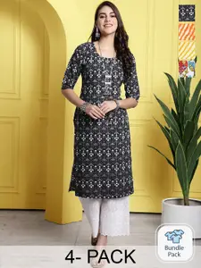 7Threads Pack Of 4 Floral Printed Straight Kurta