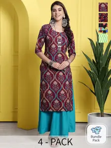 7Threads Selection Of 4 Ethnic Motifs Printed Round Neck Crepe Straight Kurta