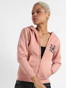 Campus Sutra Typography Printed Hooded Cotton Front-Open Sweatshirt