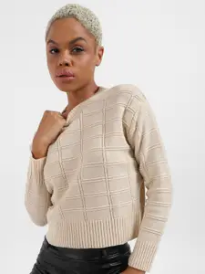 Campus Sutra Cable Knit Crop Pullover Sweater