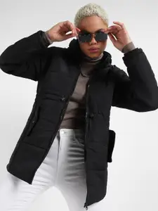 Campus Sutra Black Windcheater Detachable Fur Hood Longline Padded Jacket
