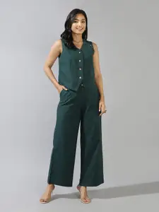 Fabindia V-Neck Sleeveless Cotton Linen Shirt Style Top With Trousers