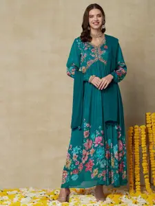 FASHOR Teal Blue & Pink Floral Printed Mirror Work Crepe Maxi Ethnic Dresses With Dupatta