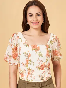 Honey by Pantaloons Floral Print Square Neck Puff Sleeve Smocked Regular Crop Top