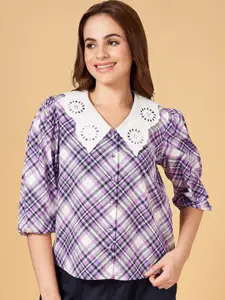 Honey by Pantaloons Checked Above the Keyboard Collar Puff Sleeves Cotton Shirt Style Top