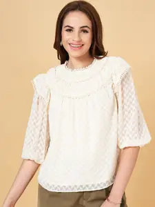 Honey by Pantaloons Self Design Puff Sleeves Lace Inserts Top
