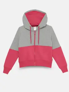 mackly Girls Colourblocked Hooded Cotton Front Open Sweatshirt