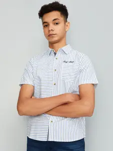 max Boys Vertical Stripes Spread Collar Short Sleeves Cotton Casual Shirt