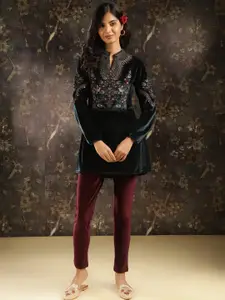 Lakshita Mandarin Collar Embroidered Velvet Kurti